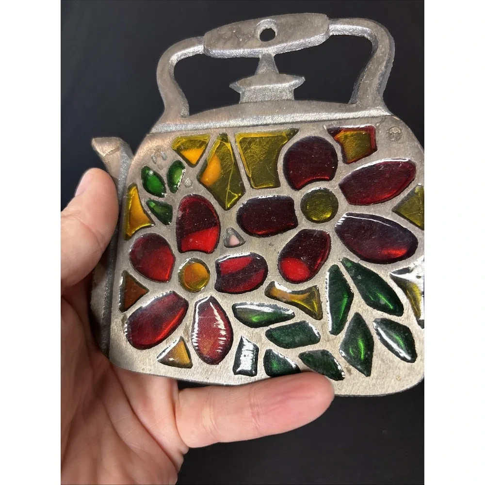 Vintage Cast Iron/Stained Glass Trivet‎ For Tea Kettle w/Flowers